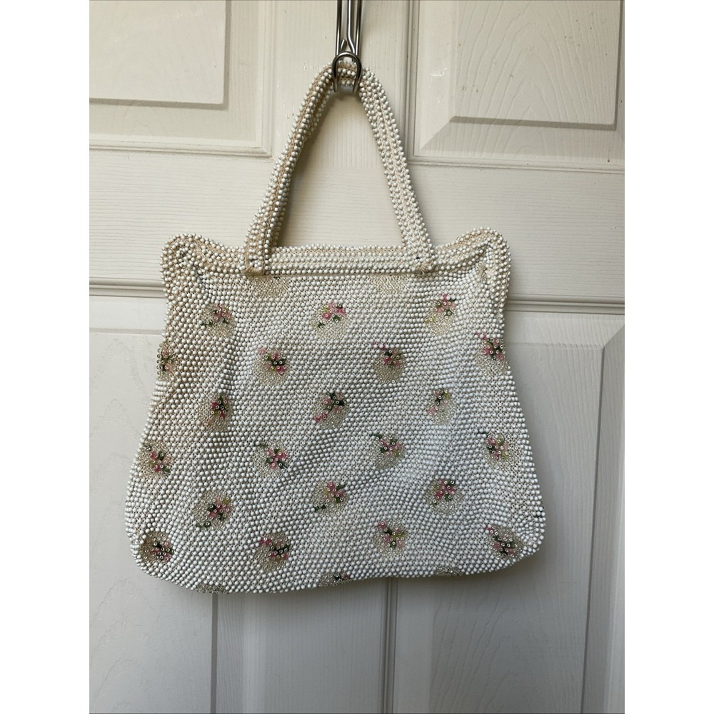 Vintage 1950s Corde Bead Lumured Floral Beaded Handbag Cream Cottagecore Purse